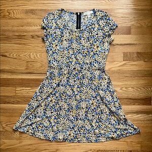 Michael Kors Blue and Yellow Fit-and-Flare Floral Mini Dress